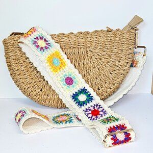 Straw Crossbody Bag with Granny Square Strap
